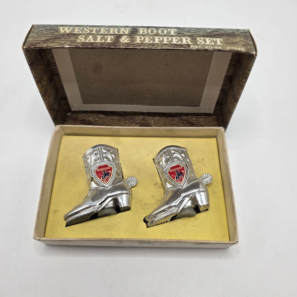 Vintage Western Boot Salt Pepper Shaker Set Montana Silver‎ Cowboy Spur Souvenir